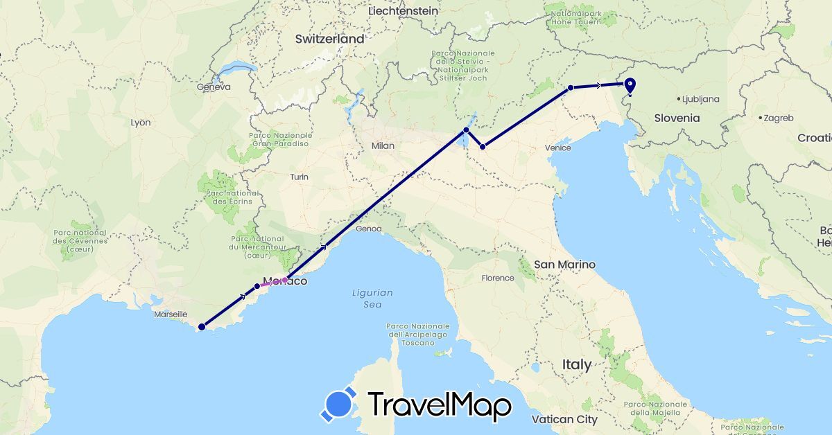 TravelMap itinerary: driving, train in France, Italy, Monaco, Slovenia (Europe)